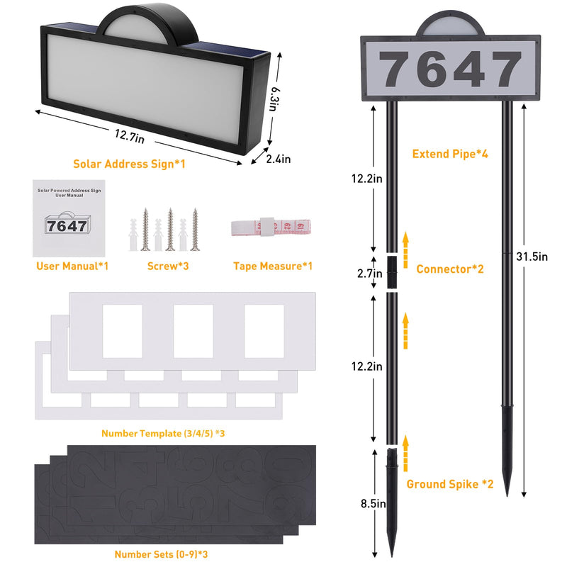 Solar House Numbers Address Sign, IP65 Waterproof Solar Address Plaque for Outside, 3200K Warm & 6500k Cold LED Illuminated House Numbers for Outdoor Wall Mounted & Home Yard Ground Address Number Bicolor light