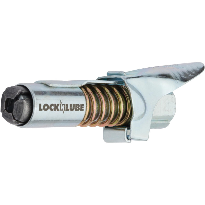 LockNLube Grease Gun Coupler locks onto Zerk fittings. Grease goes in, not on the machine. World's best-selling original locking grease coupler. Rated 10,000 PSI. Long-lasting rebuildable tool. NPT With Spare Rebuild Kit