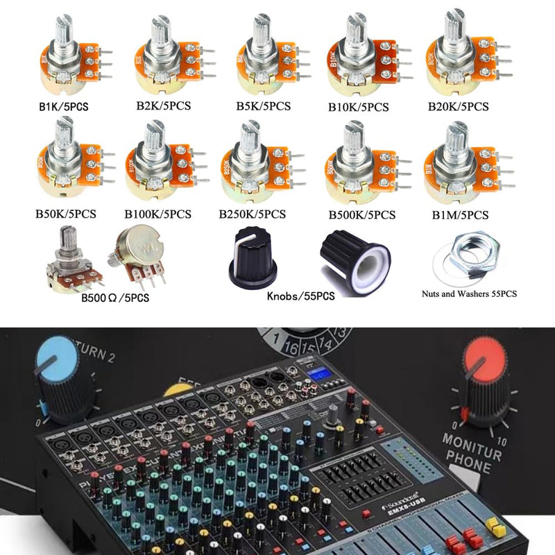 110Pcs Potentiometer Kit, Potentiometer Knobs, 11 Values 500 1K 2K 5K 10K 20K 50K 100K 250K 500K 1M Ohm Potentiometers Assortment Kit, 3 Pin Terminals Potentiometer with Cap Nuts and Washer