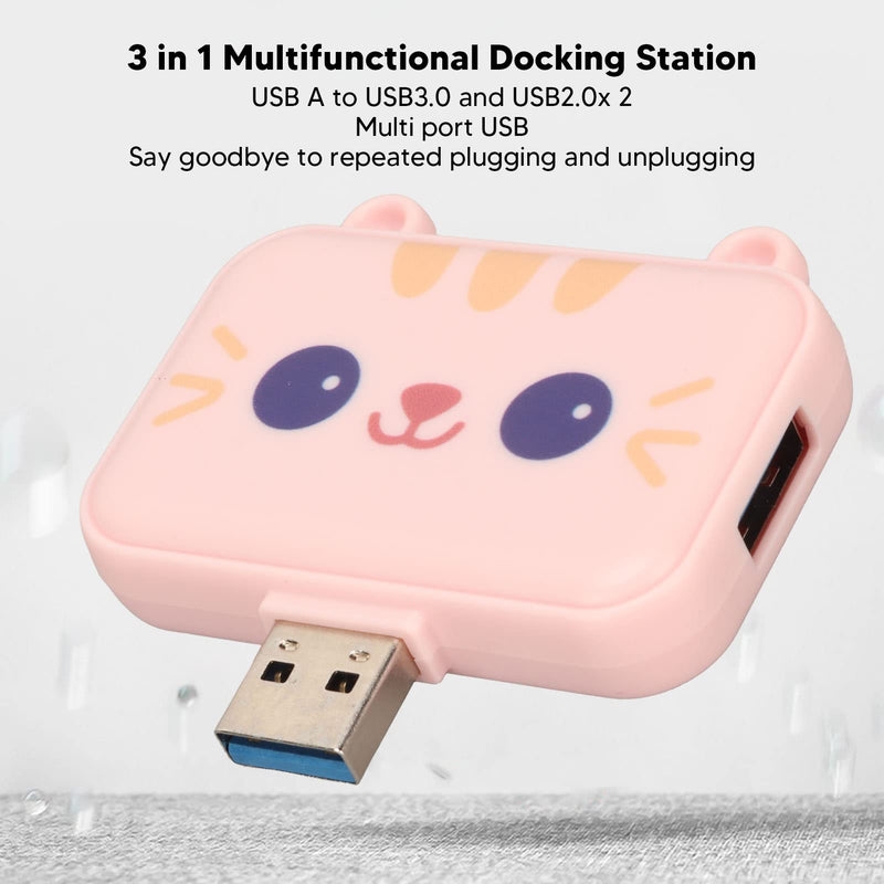 3 in 1 Cute USB Hub, USB A to USB3.0 and USB2.0X 2 Adapter, 5Gbps Multiport USB Docking Station, USB Data Splitter, for Laptop and PC, Girls Student Gift () Pink