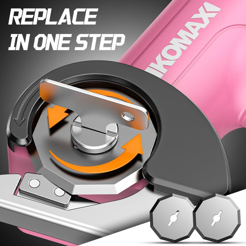 KOMAX Cordless Electric Scissors,4V Cardboard Cutter with 3 Blades,Rechargeable 2000mAh Battery,Storage Box,Fabric Scissors Electric Box Cutter for Cardboard,Leather,Carpet,Fabric,Plastic - Pink
