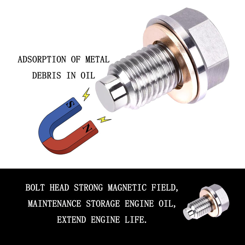 M14x1.5 Magnetic Oil Drain Plug, Magnetic Stainless Steel Oil Pan Drain Nut Bolt with 5PCS Copper Crush Washer Anti Leakage, Universal Leak-proof Replacement,Fits Most Cars,Motorcycles,Boats M14×1.5