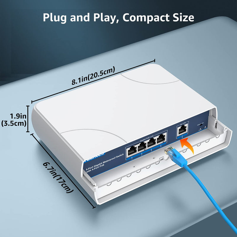 YuanLey 4-Port PoE Switch Gigabit- Waterproof Outdoor Ethernet Unmanaged Network Switch with VLAN Function, 78W Built-in Power, IEEE802.3af/at Support and Plug & Play, Ideal for Outdoor Use 4 Port | Waterproof Gigabit