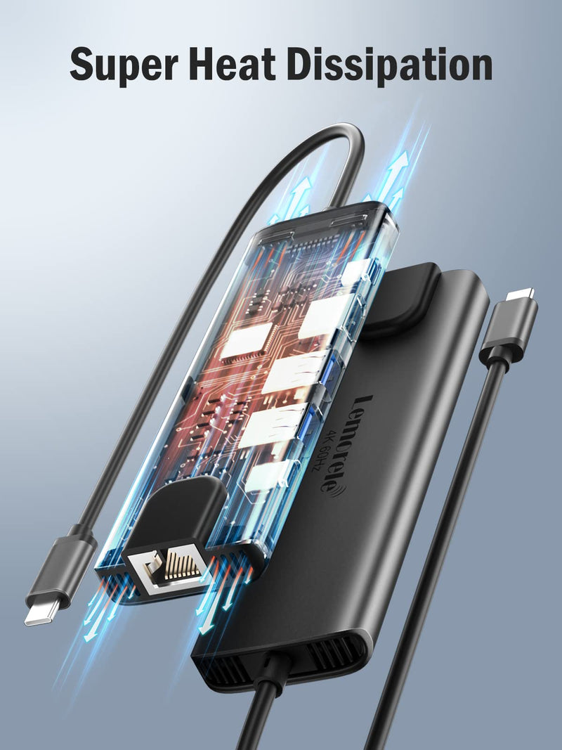 Lemorele USB-C Hub 6-in-1 with 4K@60Hz HDMI, Gigabit Ethernet,100W Power Delivery, USB-C and 2 USB-A 5 Gbps Data Ports for MacBook Air/Pro, Dell, Hp, XPS, and More Grey- 6 in 1