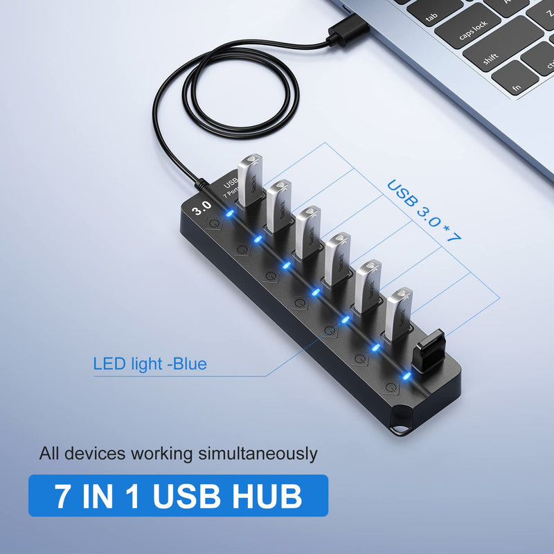 USB Hub 3.0, 7-Port USB Hub Splitter with Individual On/Off Switches and Lights, 3.2ft/1m Long Cable Compatible with MacBook, Laptop, Surface Pro, PS4, PC, Flash Drive, Mobile HDD Black