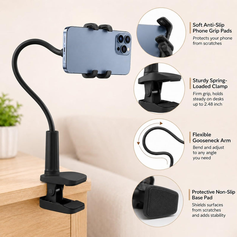 Flexible Phone Holder for Bed, Clip Gooseneck Phone Holder for Desk, 360 Degree Rotation Cellphone Stand, Universal Bracket, Tablet Stand Holder, Black