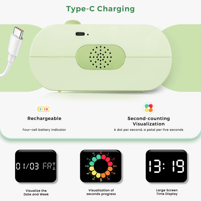 Mooking Digital Alarm Clock for Bedroom, Visual Timer for Kids, 199 Minute Rechargeable Digital Clock with Timers for Home School Supplies Study Teaching Time Timer Management Tool Countdown Timers Green