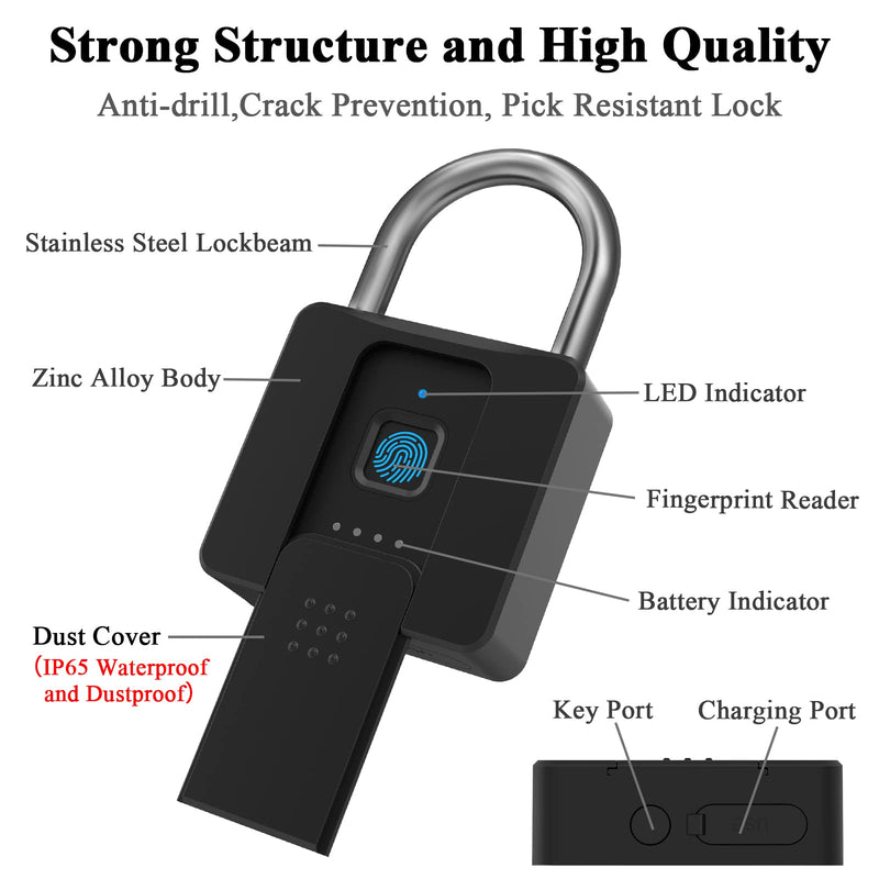 Fingerprint Padlock, Dhiedas Pad Lock with Fingerprint Bluetooth Key Waterproof Heavy Duty Combination Lock for Outdoor Fence Gate Shed Warehouse Gym Storage Yard 1.6 Inch Shackle