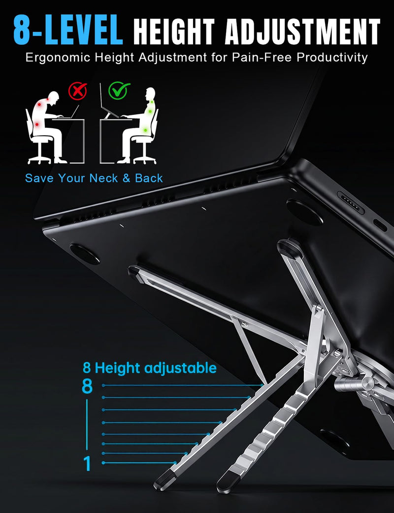 4-in-1 Foldable Laptop Stand & Magnetic Phone Holder, Silver Aerospace Aluminum Portable Desk Mount with N52 MagSafe Compatible Tripod Handle for MacBook Pro, iPad, Travel & Vlogging