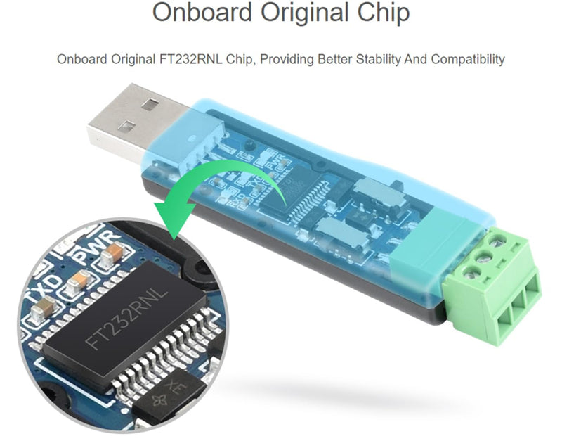 USB to RS485 or RS232 Serial Converter Adapter, Onboard Original FT232RNL Chip, built-in self-recovering fuse, TVS protection circuit, etc. Compatible with Mac, Linux, Android, Win11/10/ 8.1/8/7 USB TO RS485 or to RS232