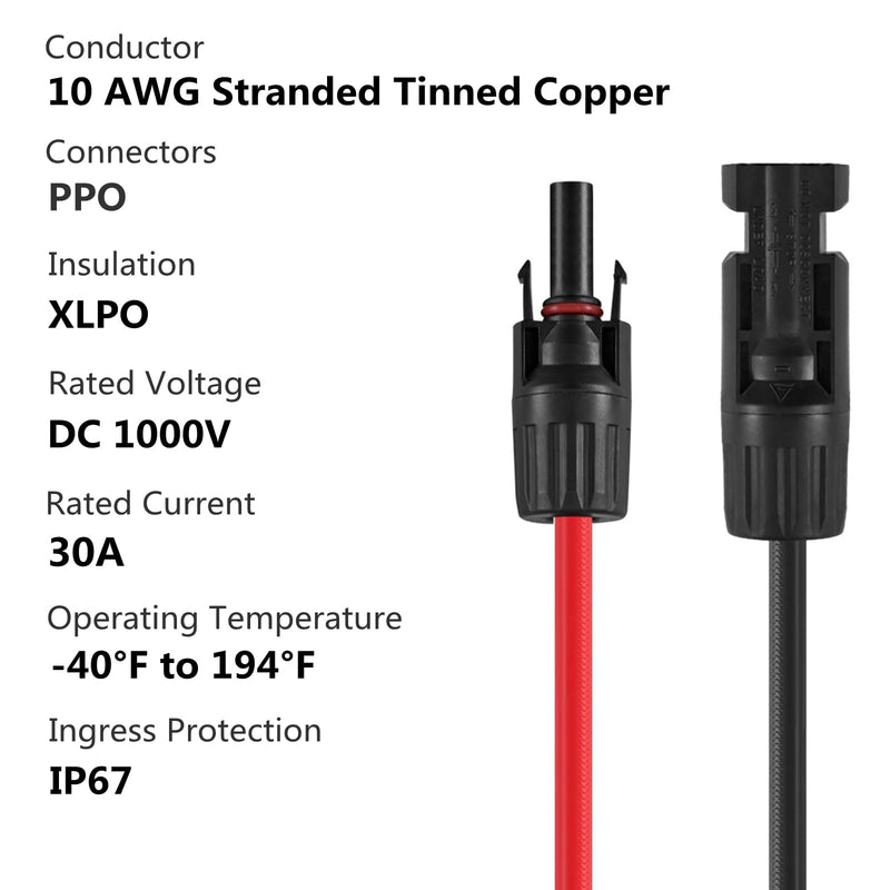 Solar Connectors Y Branch Parallel Adapter 10AWG Cable for Solar Panel (Red & Black) 1 Pair M/FF and F/MM Red-Black