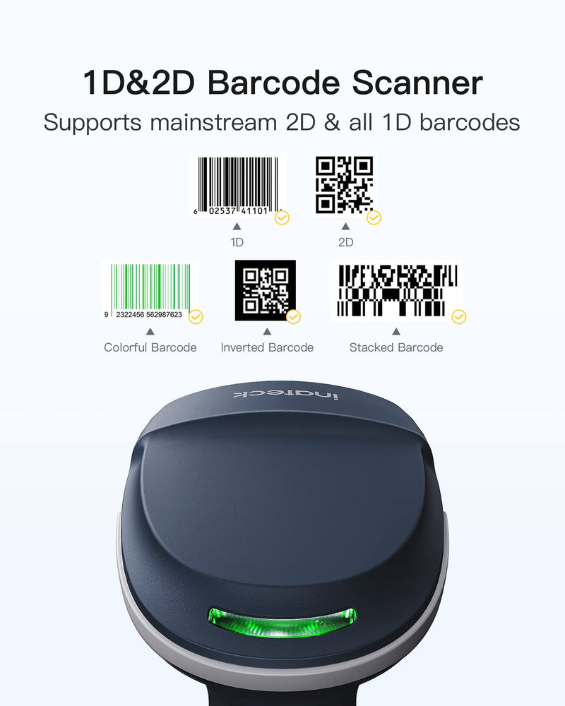 Inateck QR Barcode Scanner, 2D Wireless Barcode Scanner, 3 in 1 Barcode Reader, Screen Scanning, BCST-54 Blue Blue-BCST54 With Smart Base