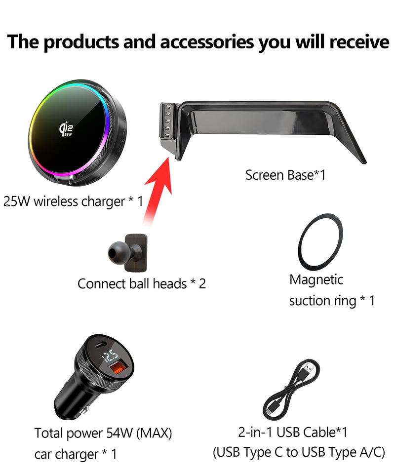 25W Car Mount Charger for Toyota C-HR 2019-2022 8-Inch Screen | 2019-2022 Toyota C-HR Qi2.2 25W MagSafe Fast Charging Cell Phone Holder Accessories,with Cooling Fan＆54W Fast Adapter