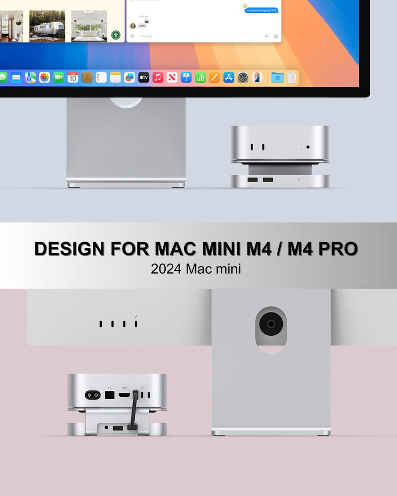 40Gbps Aluminum Mac mini Dock and Stand, USB 4 Hub for Mac mini M4 and M4 Pro 2024 with 40Gbps M.2 NVMe SSD Enclosure, Triple USB A 2.0, 3.5mm Audio Jack Accesories MC60-USB4