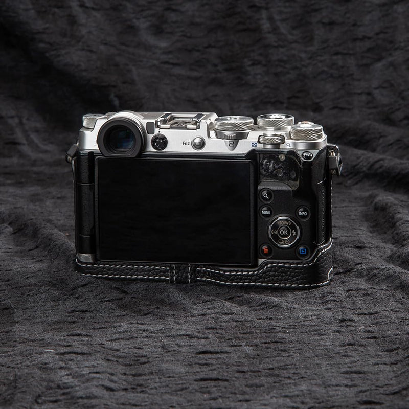 Leather Vintage Half-Wrap Camera Protection case, Handcrafted Camera case, Suitable for Olympus Pen-F M43 (Black) Black