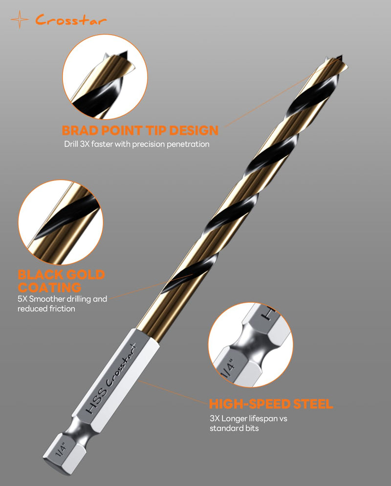 Crosstar 13-Piece Brad Point Drill Bit Set, HSS Black Gold Coating, Hex Shank Wood Drill Bits with Extension Rod & Case for Hardwood, Plywood, Plastic (1/8"-1/2")