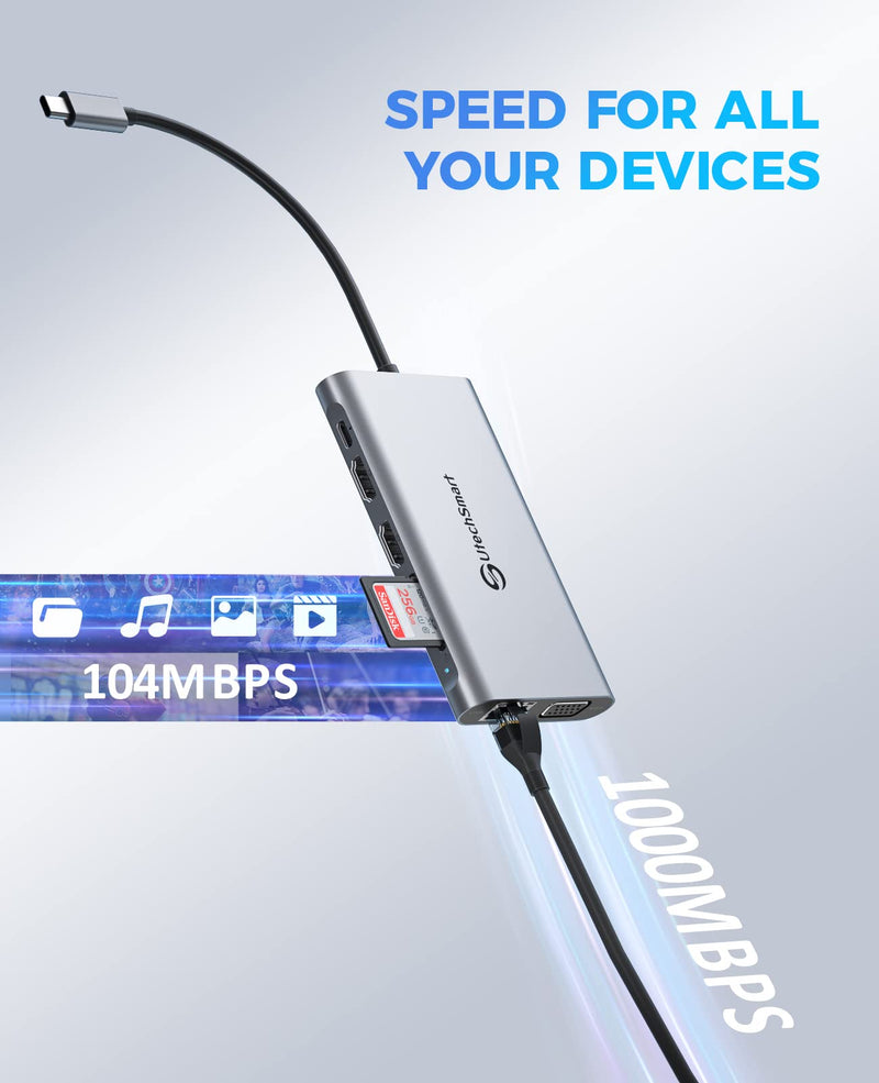 UtechSmart USB C Docking Station, Dual Monitor, Laptop Docking Station | 11 in 1 Triple Display USB C Hub with Dual HDMI, VGA, PD3.0, SD/TF, 4 USB Ports Adapter Compatible for MacBook and Windows Gray