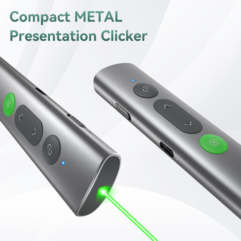 Wireless Presentation Clicker PowerPoint Remote: USB C A Presenter PPT Power Point Google Slide Advancer with Green Laser Pointer Smart Board Clicker for Computer Laptop Mac Projector Office Classroom Metal Green Laser