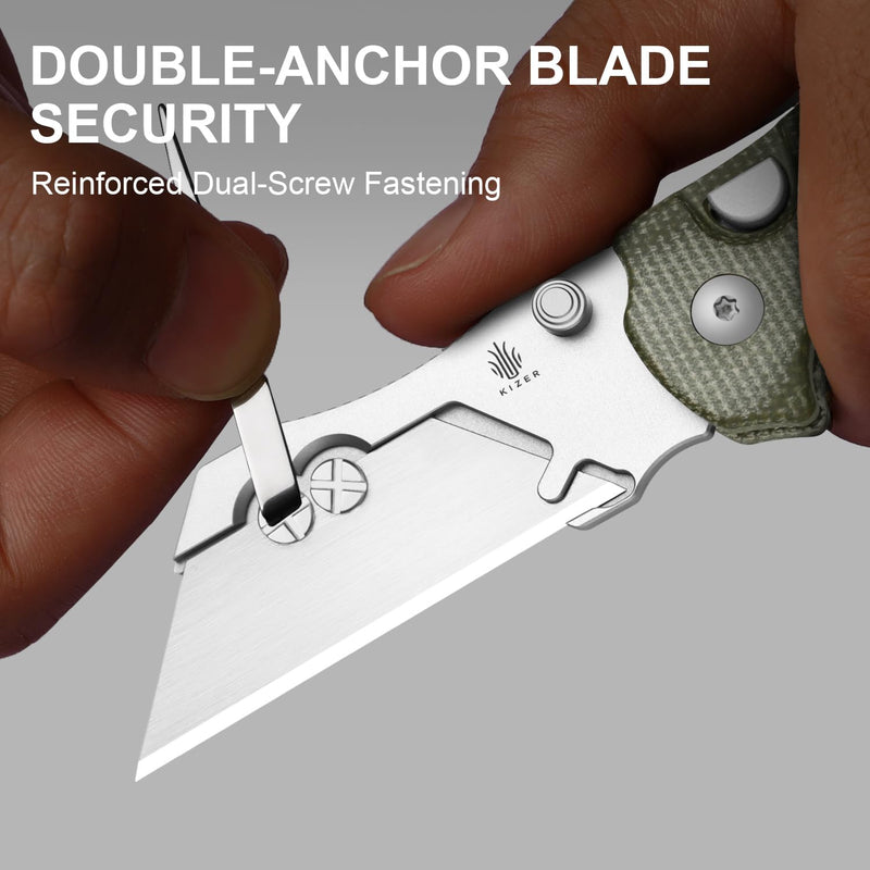 Kizer C01C Uti 1 (Dual-screw Version) Utility Knife, Button Liner Lock Box Cutter EDC Pocket Knife with 5PCS Razor Blades, Green Micarta Handle Small Folding Knives for Men Women, V3488.29JSM1 Light Green