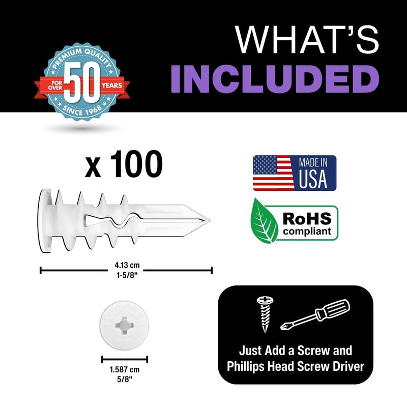 TOGGLER SnapSkru SP Self Drilling Drywall Anchor for Hollow Walls Application, Glass Filled Nylon, Made in USA, Wall Anchors, Anchors Kit for #6 to #10 Fasteners, (100 Pack Without Screws) 100 Pack w/o Screws Self-Drilling