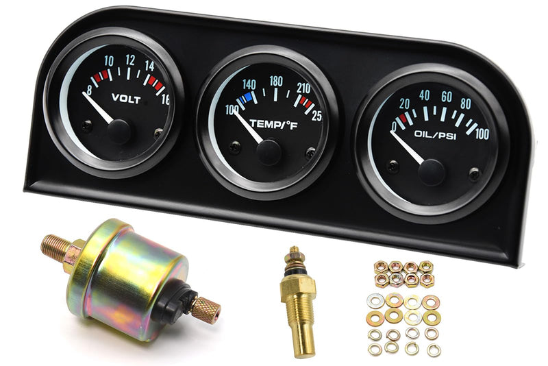 Triple Gauge Set (8-16V Volt Meter +100-250℉ Water Temperature Gauge+ 0-100 psi Oil Pressure Gauge) 2'' 52mm 3 in1 Car Auto Gauge Kit Dashboard Black Console for 12V Cars (Black)