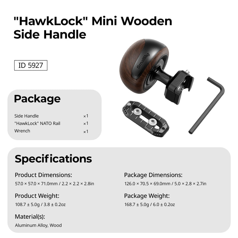 SmallRig HawkLock Mini Wooden Side Handle, H21 Quick Release Side Handles, Ergonomic Grip with Patented Slide-in Lock Mechanism, NATO Rail Included, Left/Right Hand Use, Max Load 15kg/ 33lb