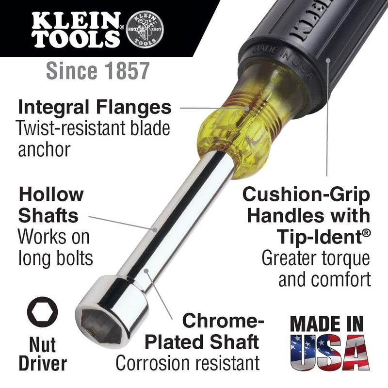Klein Tools 631 Tool Set, Made in USA, Nut Driver Set w/Hex Nut Sizes 3/16, 1/4, 5/16, 11/32, 3/8, 7/16 and 1/2-Inch on 3-Inch Full Hollow Shaft, 7-Piece Non-Magentic