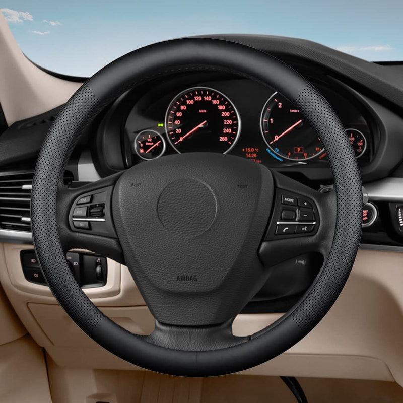 VARGTR Car Steering Wheel Cover,Universal 15 Inch Premium Leather Car Steering Wheel Cover,Best Grip,Perforated Design,Breathable,Non-Slip,Sweat-Absorbent,Warm in Winter and Cool in Summer (Black) Black