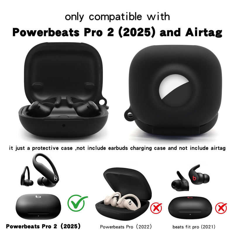Compatible for Beats Powerbeats Pro 2 Air Tag Case,2 in 1 Silicone Protective Skin Sleeve with Airtag Holder,Find Your Headphone Cover with Carabiner,Black Black