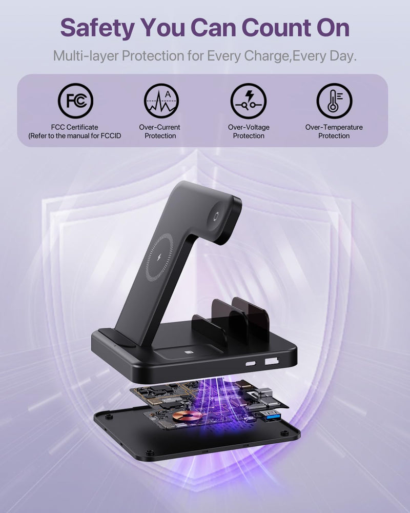 Multiple Devices Charging Station, 5-in-1 Charging Station for iPhone 17 Pro Max/Pro/16/15/14/13/12, iPad Pro/Air/Mini, Apple Watch and Airpods,Wireless Charging Dock(G805) (Black) Black