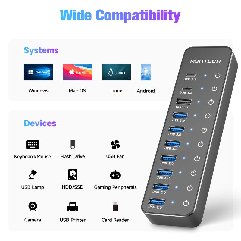 Powered USB Hub, RSHTECH 10-Port USB 3.2/USB C Hub 60W with 10Gbps USB-A 3.2, 2 USB-C 3.2, 7 USB 3.0 Ports, Individual Touch Switches and 3.3ft Cable, Hybrid USB Splitter for Laptop/PC, RSH-ST10C