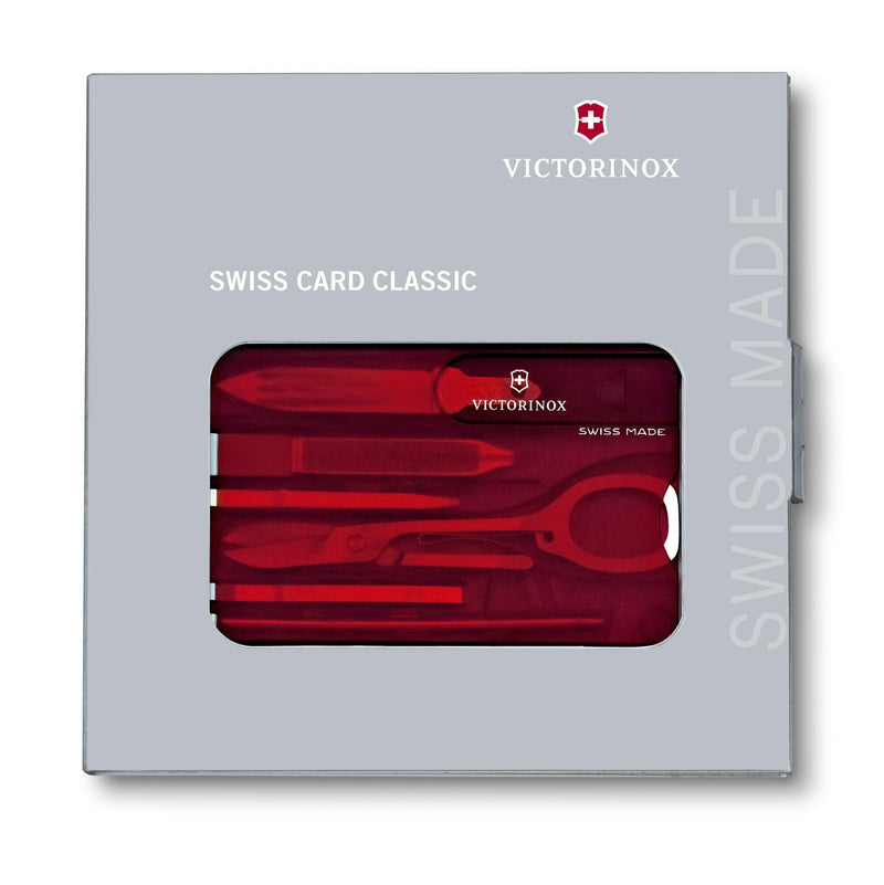 Victorinox Swiss Card Classic Swiss Army Knife, 10 Functions, Swiss Made Pocket Knife with Scissors and Pressurized Ballpoint Pen - Ruby | Multitool for wallet | multitool for purses | toolkit card