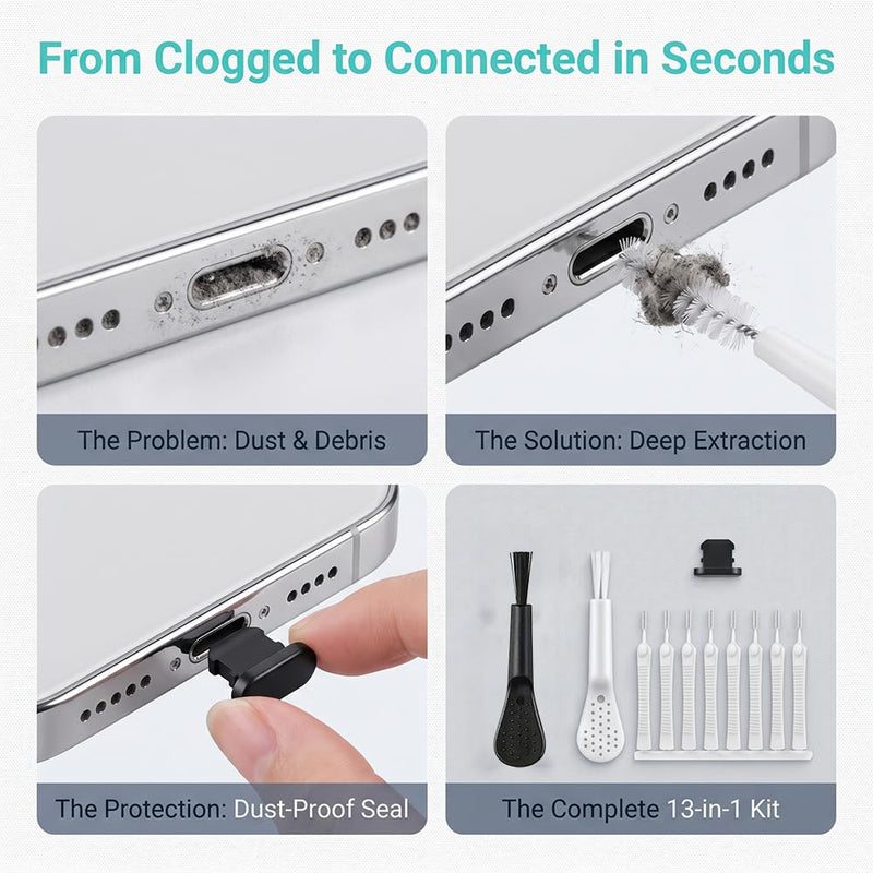 13Pcs Phone Port Cleaning Set, Multifunctional Brush Tool for Lightning Interface, Speaker and Speaker Holes, Cleaning Accessory for Smartphone Users, IP Black-iP
