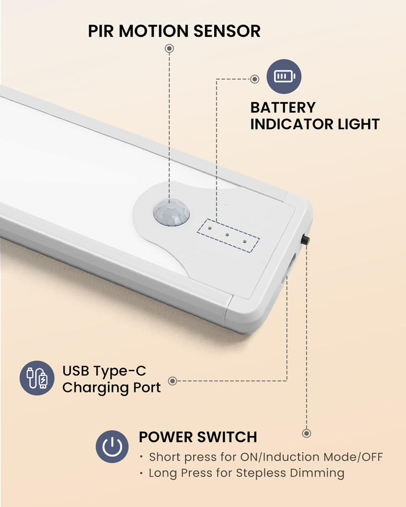 Pak Under Cabinet Lighting, 8 Inch 41 LED Rechargeable Battery Operated Motion Sensor Light Indoor, 1100 mAh Wireless Magnetic Dimmable 6500K Closet Lights, 5 Pack
