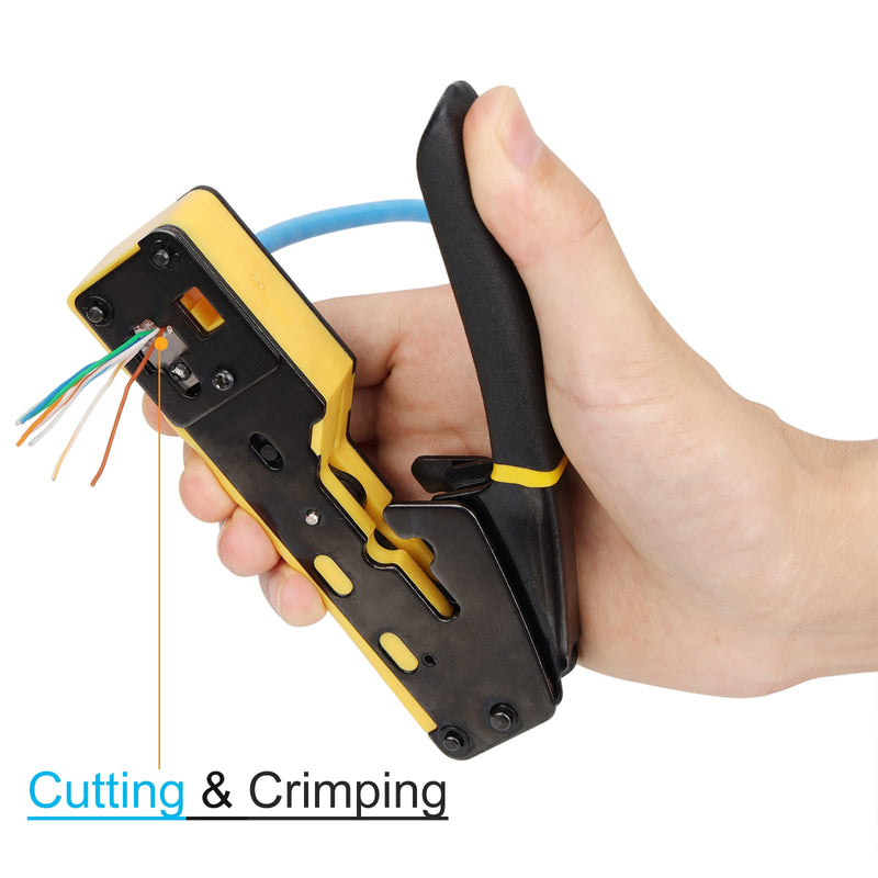 Solsop Pass Through RJ45 Crimp Tool Kit Ethernet Crimper CAT5 Cat5e Cat6 Crimping Tool Kit 6P/8P Crimper Set Yellow-A