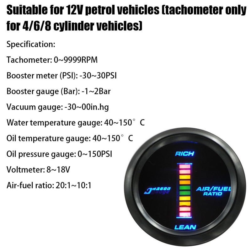 AUCELI Car Digital Air Fuel Ratio Gauge, Universal Meter Kit, 2" 52mm & Blue LED Light Display