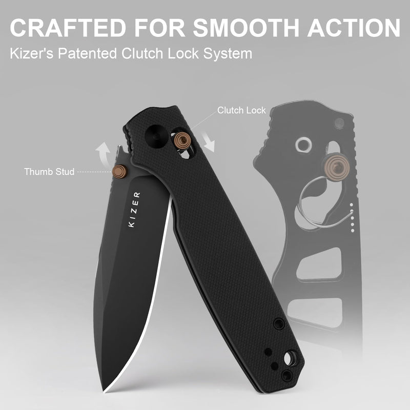 Kizer Pokiman CD Pocket Knife, 3.16" Drop Point D2 Blade Folding Knives with Black G10 Handle, Thumb Stud EDC Knife for Men Women V3789M1 Black-2