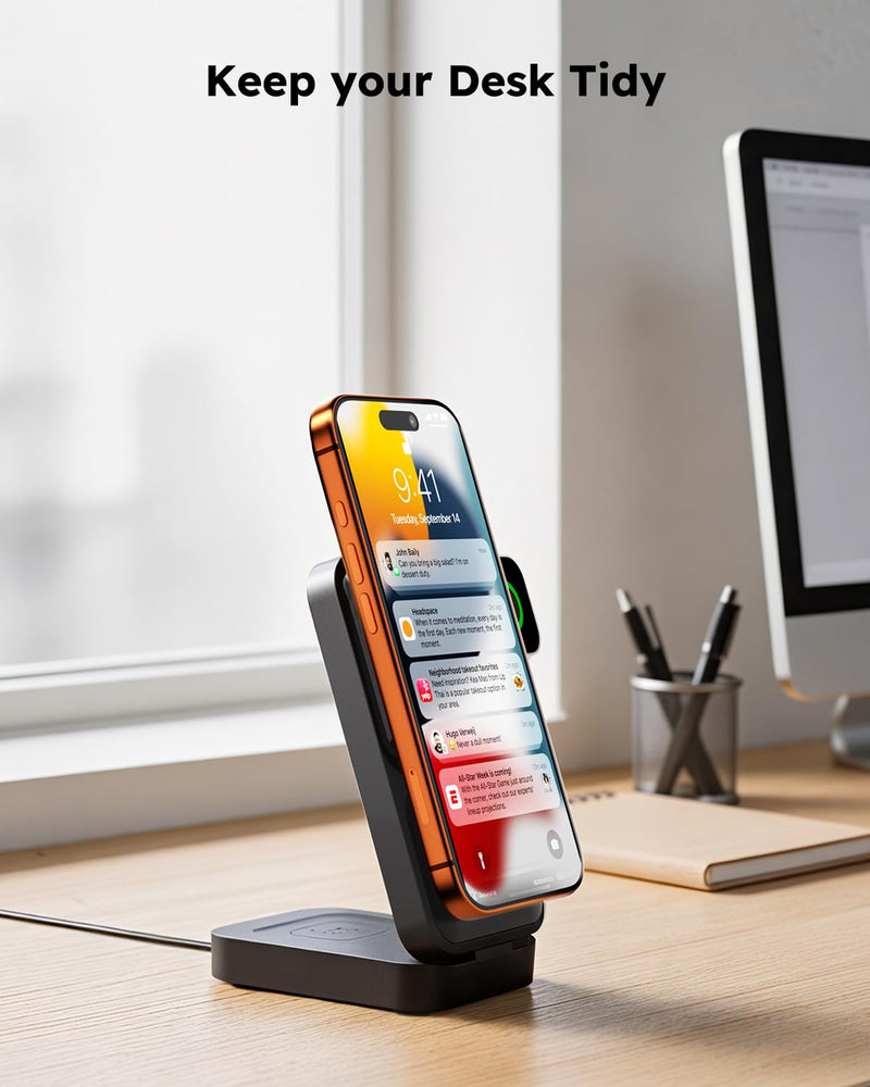 15W Travel Charging Station 3 in 1 Fast Charger Stand for Magsafe | Foldable Compact, Magnetic Wireless Charger Stand for iPhone, Phone Charging Dock for Apple Watch/AirPods(With 30W Adapter) Black