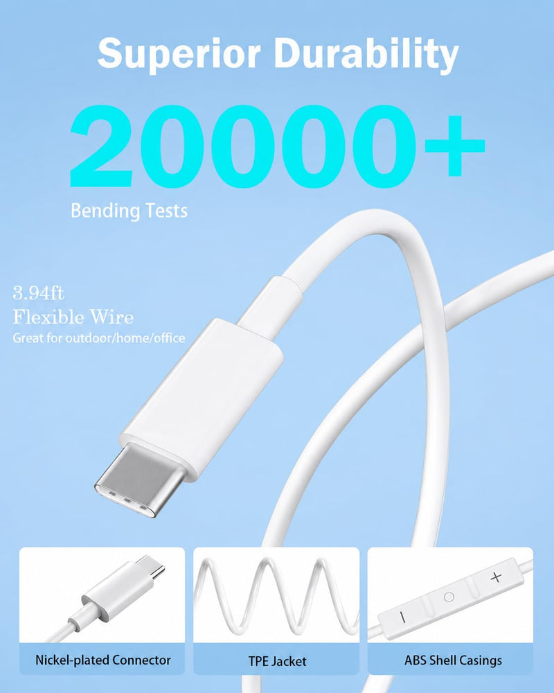 [MFi Certified]USB C Headphones for iPhone 17/16/15, 2 Pack Wired Earphones | Built-In Remote for Music, Calls and Volume Control; Compatible with iPhone 17/16/15, Galaxy and Pixel; 5-Year Warranty. C-white
