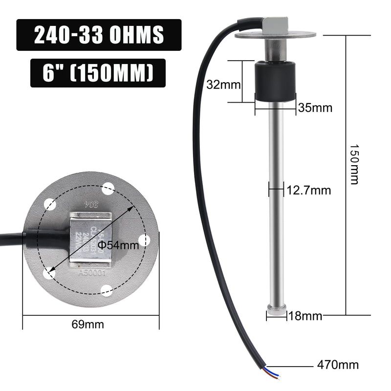 Geloo 240-33ohms 6" Marine Sending Units Boat Fuel Sending Unit Fuel Gas Tank Sender Fuel Sending Unit Fuel Level Gauge Sensor Water Gauge Sensor Gas Tank Sender (150mm) for Water Fuel Level Gauge 150MM-6inch 240-33ohm