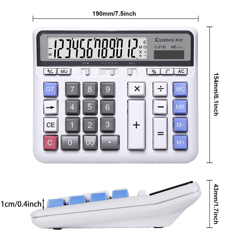 Comix Desktop Calculator Solar Battery Dual Power with 12-Digit Large LCD Display and Large Computer Keys Standard Function Calculator for Home Office School, White(2 Pack) White 2Pack