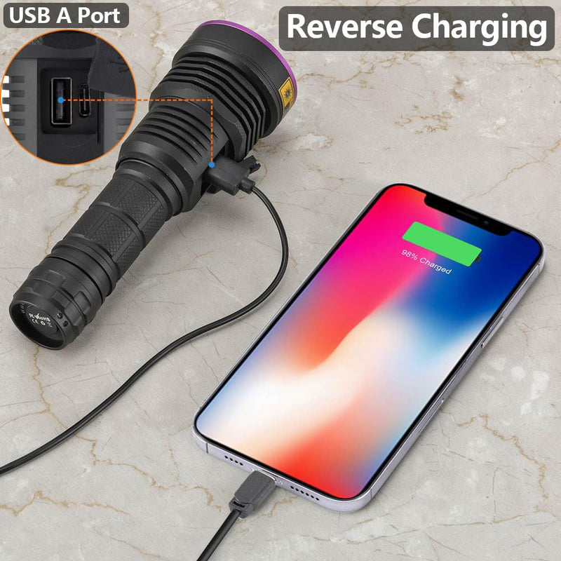 ALONEFIRE SV43 36W 365nm UV Flashlight USB C Rechargeable Ultraviolet Black Light Woods Lamp for Pet Urine Detector, Resin Curing, Scorpion, Bed Bug, Fishing, Leak with UV Protective Glasses, Battery