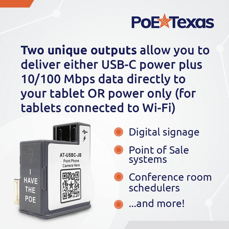 PoE Texas PoE+ Power and Data Adapter for USB-C Tablets & Devices for POS, Digital Signage, & More - 802.3at POE+ to USB-C Power Delivery - Extends Charging & Data Delivery Up to 328 Feet 24 watts Power + Data