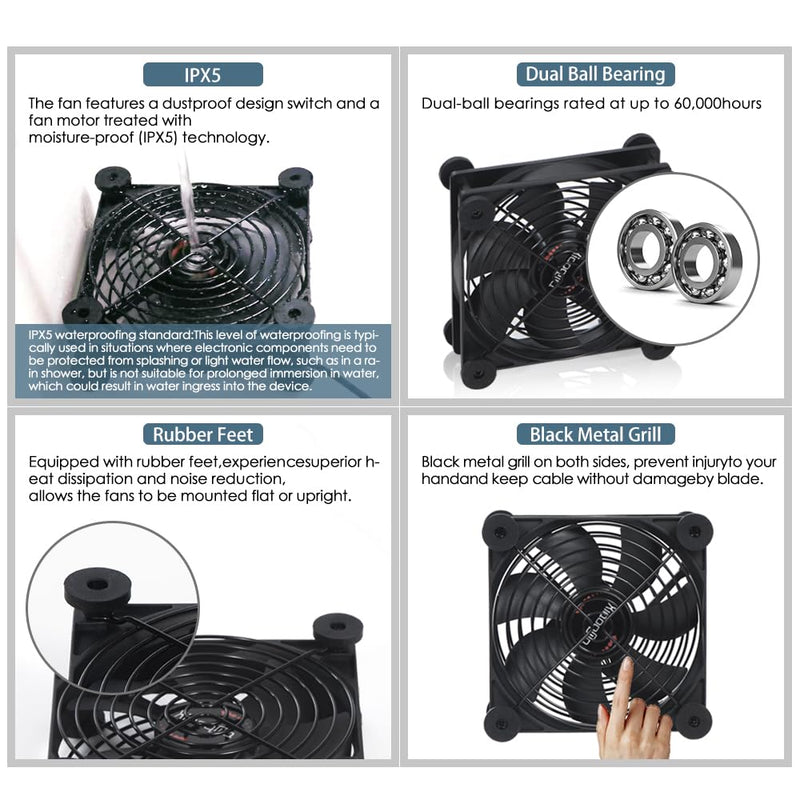 Dual 120mm Cooling Fan 10-Speed IPX5 USB 5V/DC 12V for Router & Xbox | Dual 120mm fan, 10-speed, USB 5V/DC 12V. IPX5 waterproof, 16dB quiet. Double ball bearing. Cools router, Xbox, cabinet. USB/DC Dual 120mm Fan