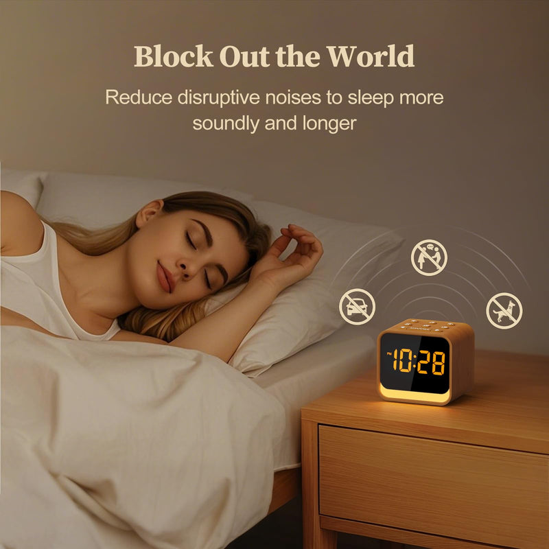 Housbay Wooden Sound Machine Alarm Clock for Bedrooms - Gentle Wake-Up with Birdsong, White Noise for Sleeping, Small Digital Clock for Phone-Free Routine Oak