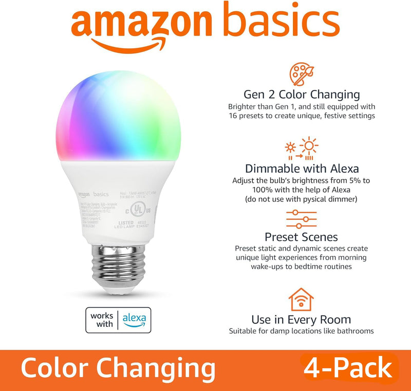 Amazon Basics Smart A19 LED Light Bulb, Color Changing, 9W (60W Equivalent), 800LM, Works with Alexa Only, 2.4 GHz Wi-Fi, No Hub Required, Energy Saving, 4-Pack 4 Pack