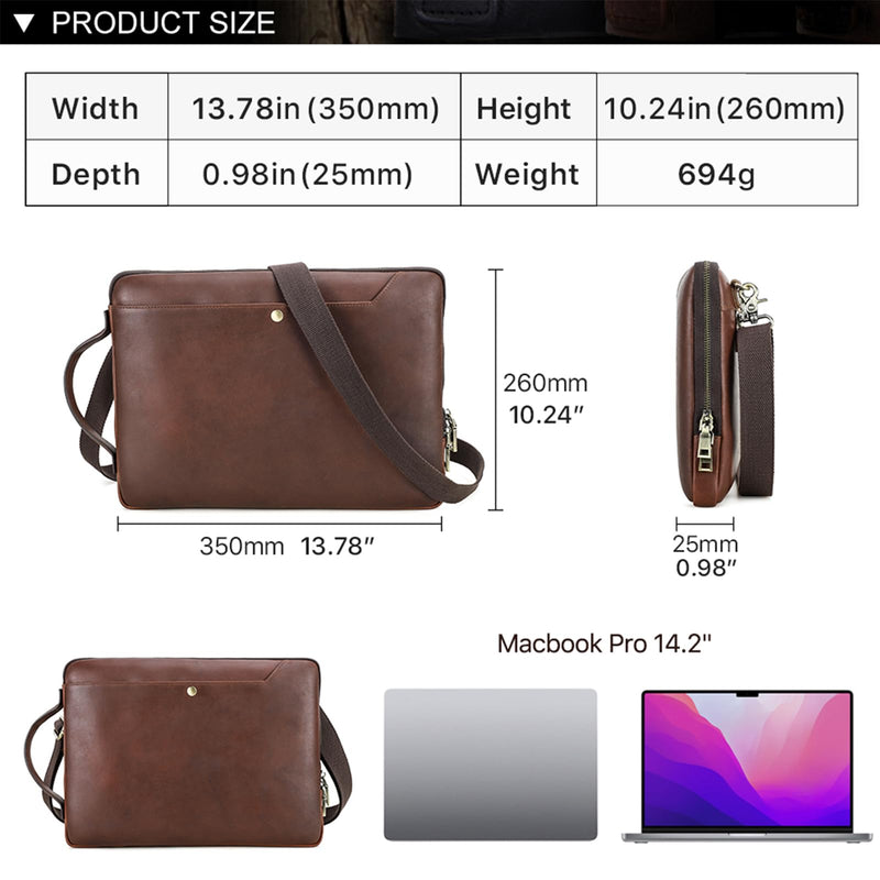 Hiram Laptop Shoulder Bag Handmade Crazy Horse Leather Briefcase Lightweight Computer Bag Coffee