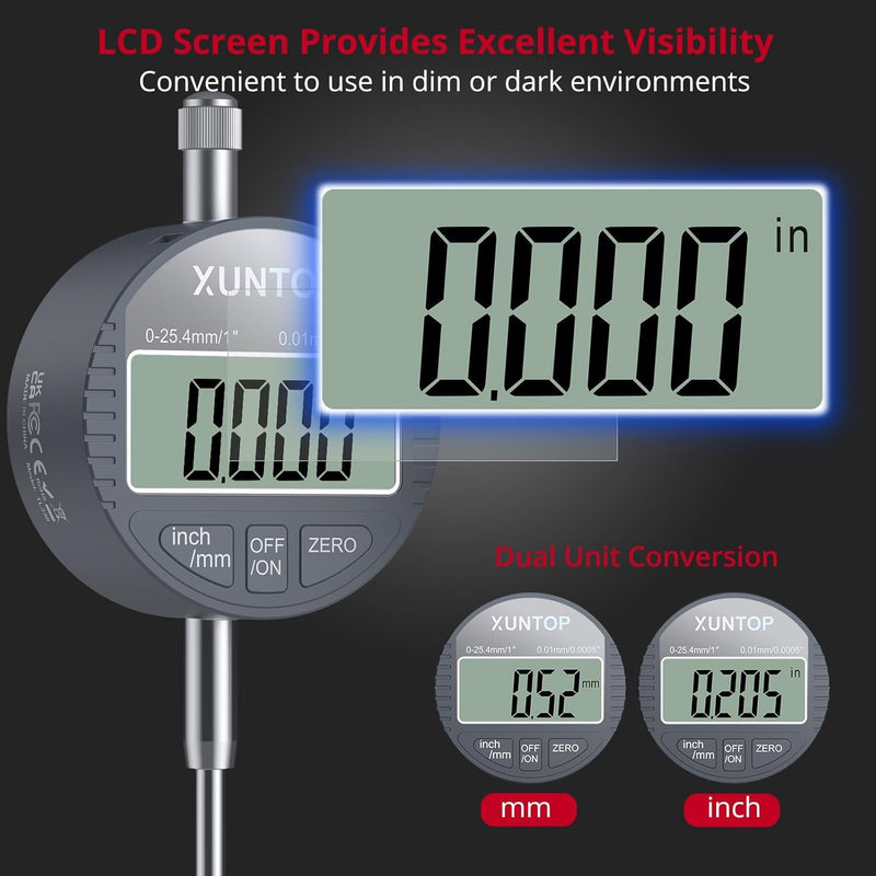 XUNTOP 0-1inch/0.0005inch Dial Digital Indicator and 90lbs (40kg) Magnetic Base Magnetic Electronic Indicator with 3 Adjustable Joints 5/16 inch (8mm) Clamping Diameter for Lathe CNC 3D Printer PRIME-90lbs/40kg Max Pull