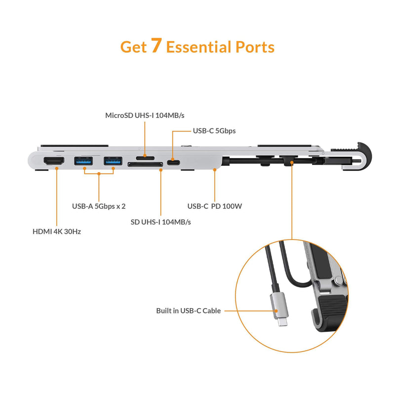 HyperDrive 7 in 1 USB C Hub Laptop Stand - HDMI 4K30Hz, USB-C 100W PD, USB-A 5Gbps, SD/MicroSD, Compatible with MacBook/iPad/Windows/Chrome - 10”-17” Laptop Docking Station Stand