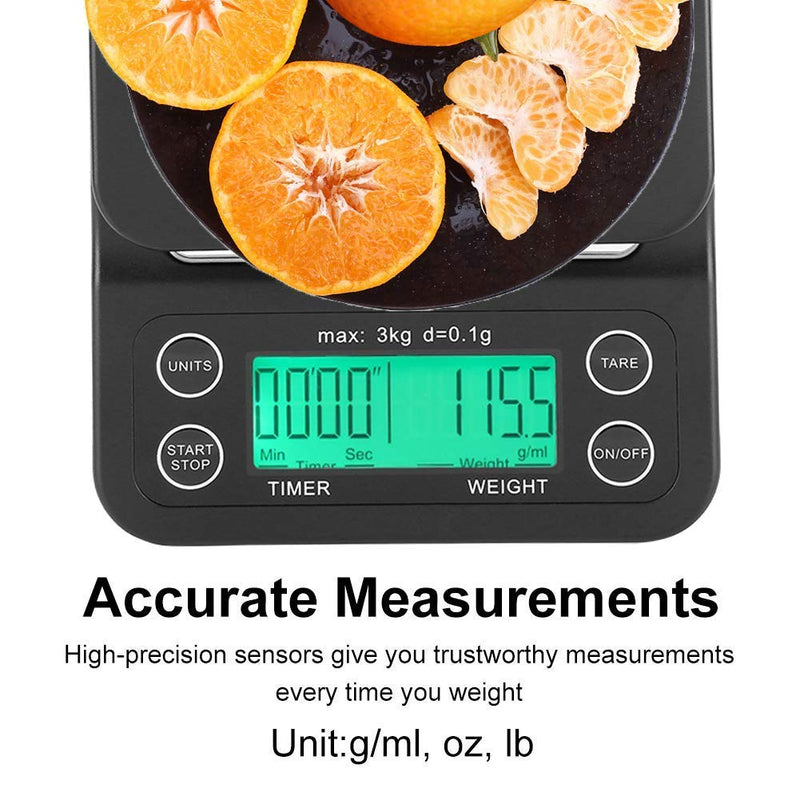 Fdit 3KG/0.1g Electronic LCD Digital Kitchen Food Scale Drip Coffee Weighing with Timer (Green)